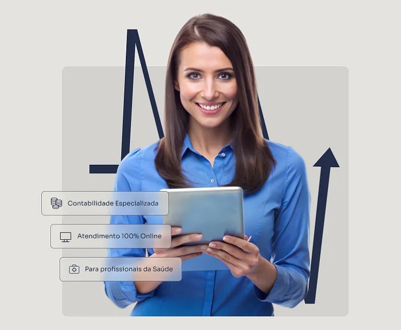 Profissional da área contábil com tablet, representando atendimento especializado para profissionais da saúde